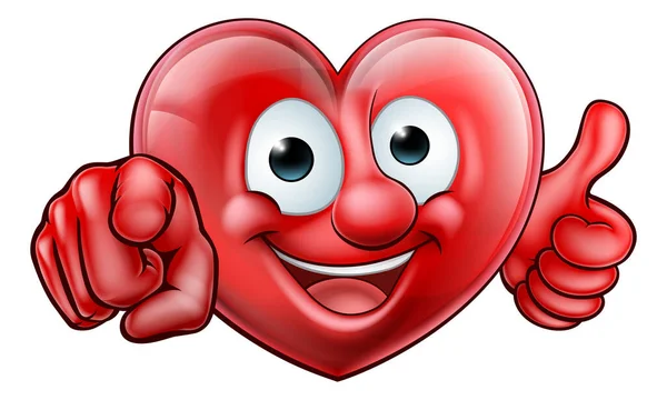 Shiny Red Heart Shaped Mascot Character Giving Thumbs Pointing Viewer — Vetor de Stock