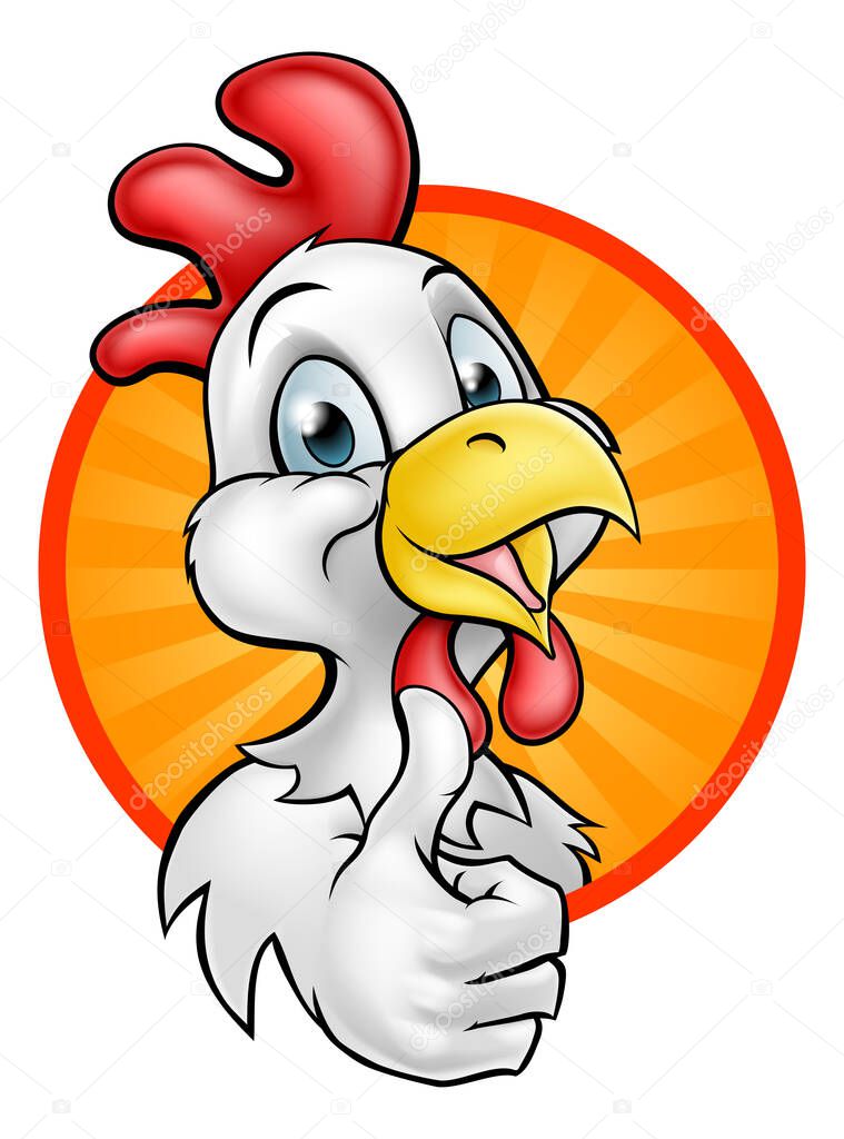 A chicken rooster cartoon character giving a thumbs up
