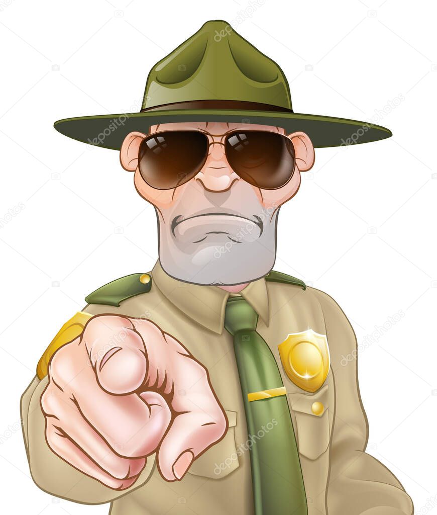 A serious looking park ranger or forest ranger pointing