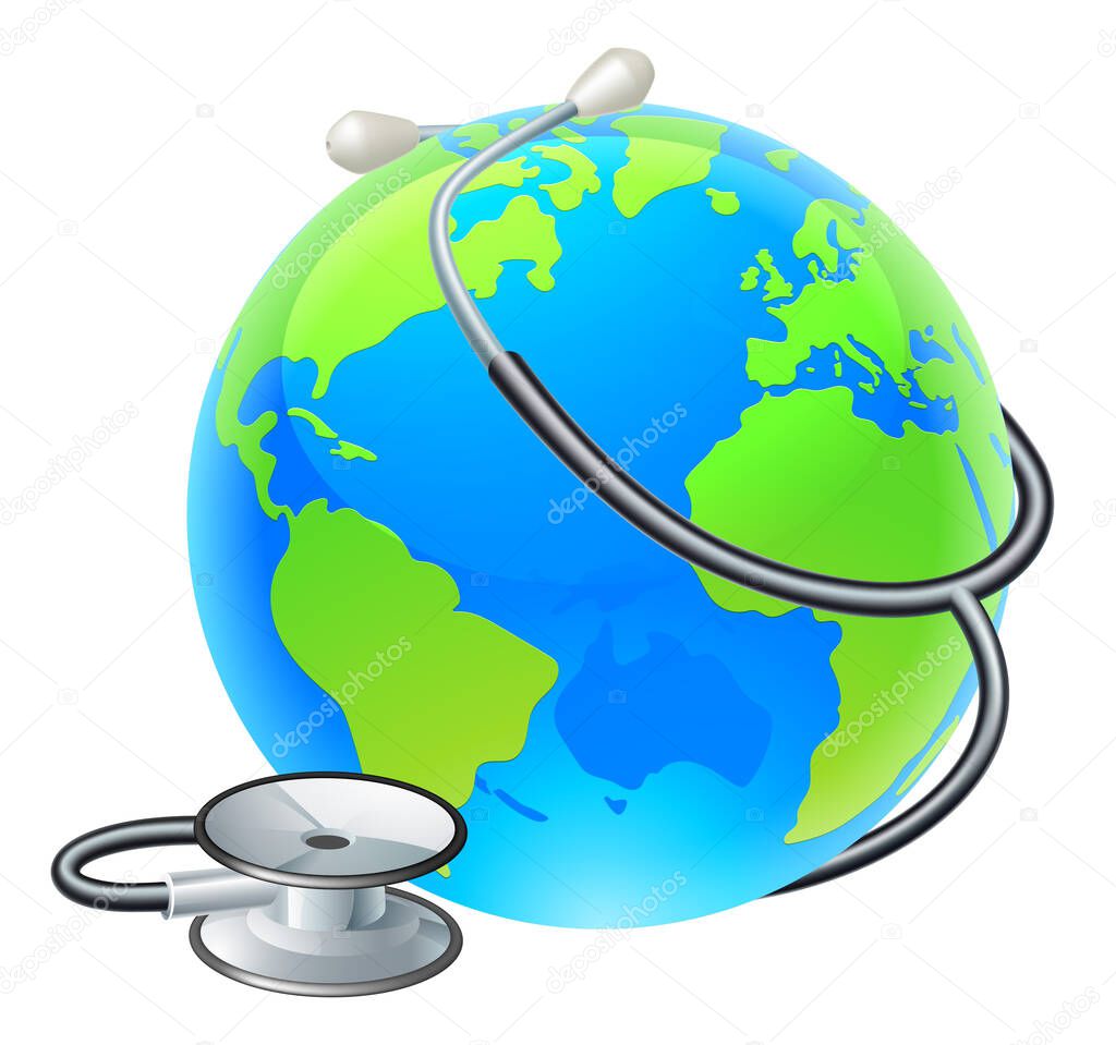 Conceptual illustration of an earth world globe with a stethoscope wrapped around it. Could be a climate change concept for the world needing care.