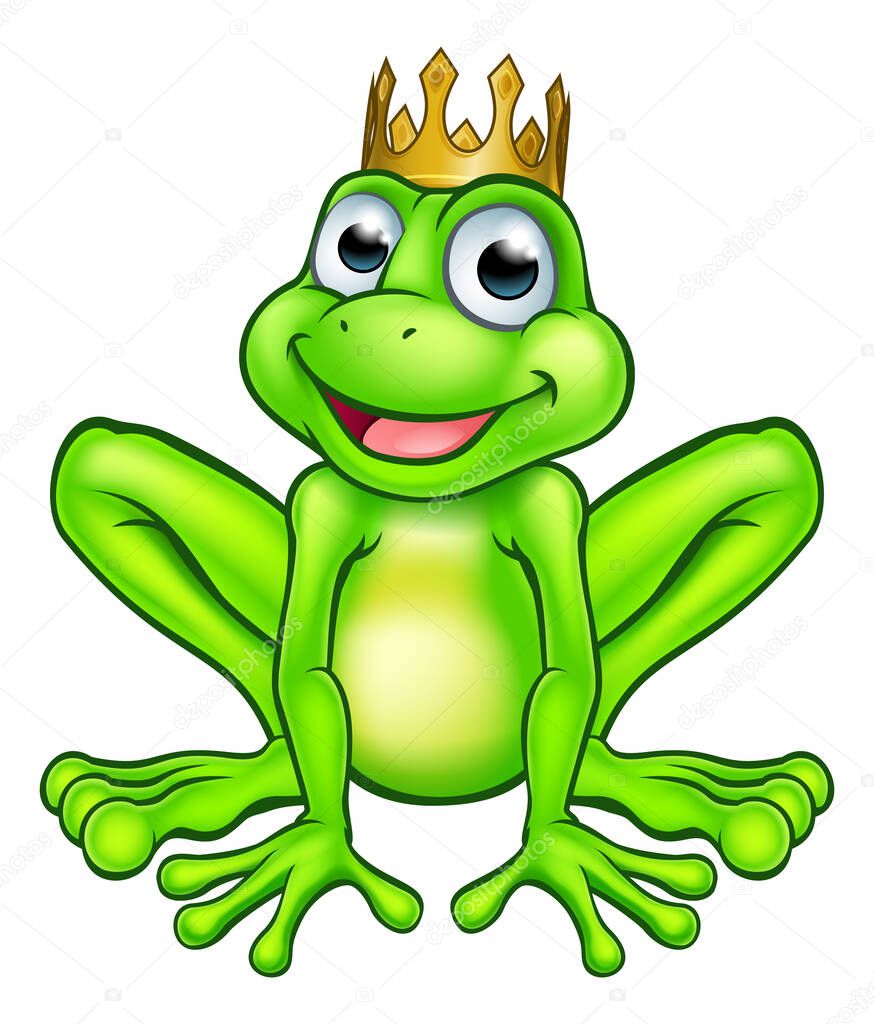 Cartoon frog prince fairy tale mascot character wearing a golden crown