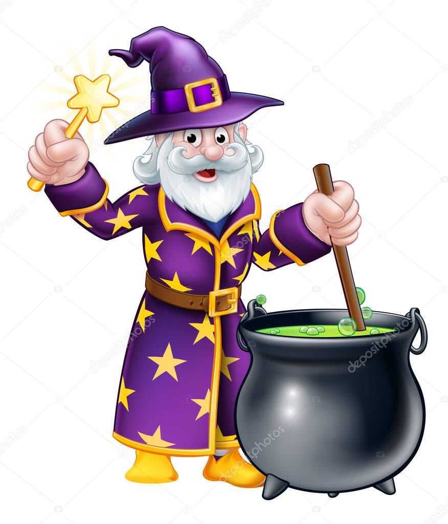 A cartoon Halloween wizard character stirring a cauldron and waving a magic wand