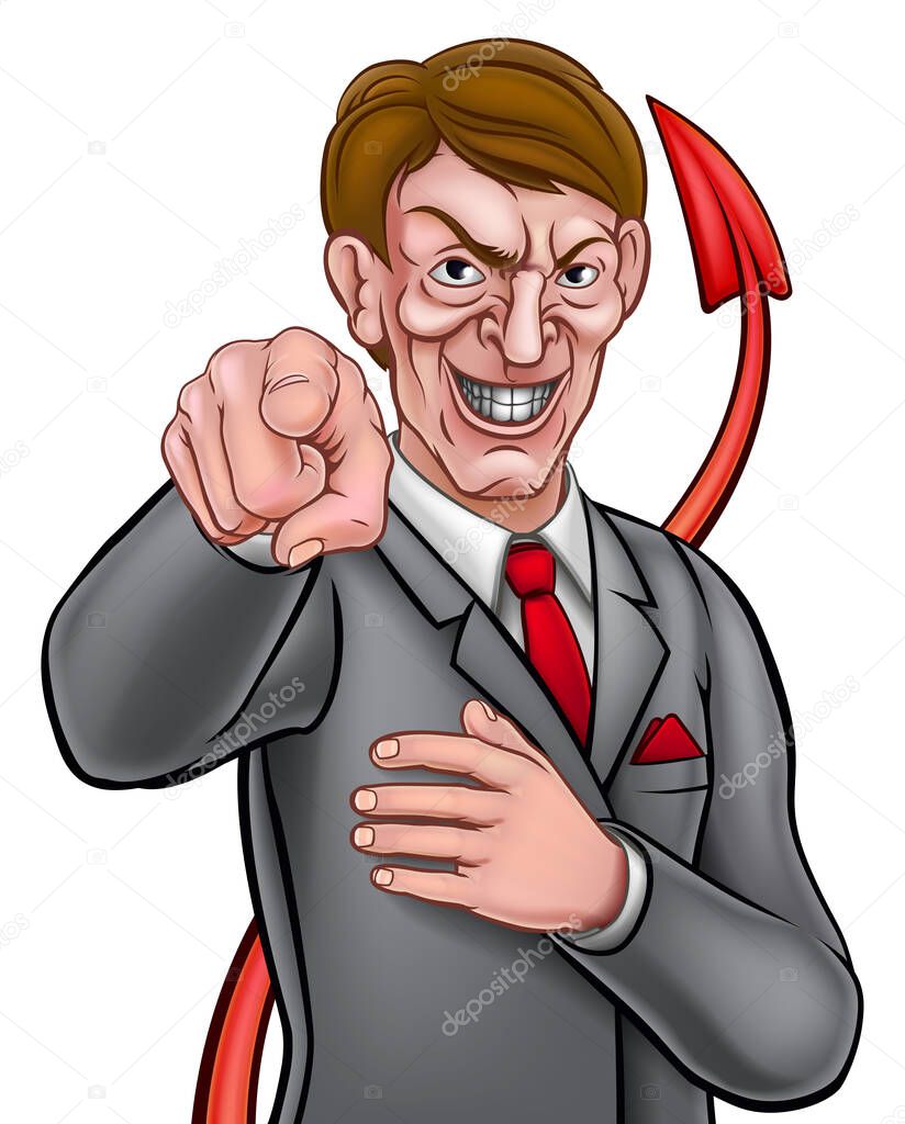 Evil looking businessman in a suit and tie pointing his finger in a needs you gesture with devil tail