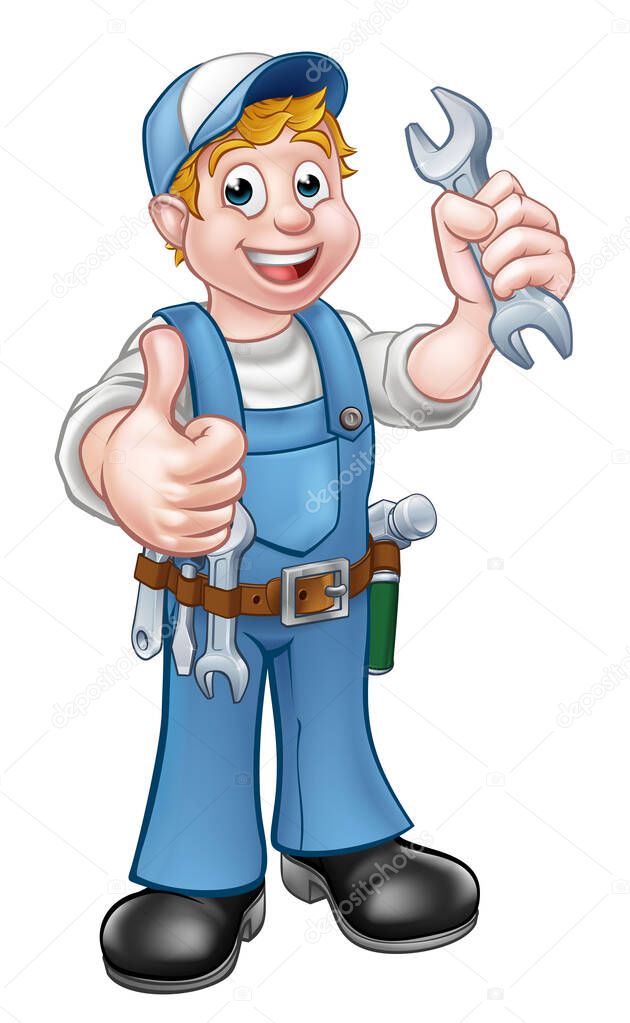 A mechanic or plumber handyman cartoon character holding a spanner and giving a thumbs up