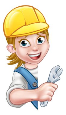 Bir muslukçu ya da müteahhit kadın müteahhit elinde anahtarla tabelanın arkasından etrafı gözetliyor.