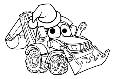 Bulldozer digger construction vehicle cartoon mascot wearing a Christmas Santa hat
