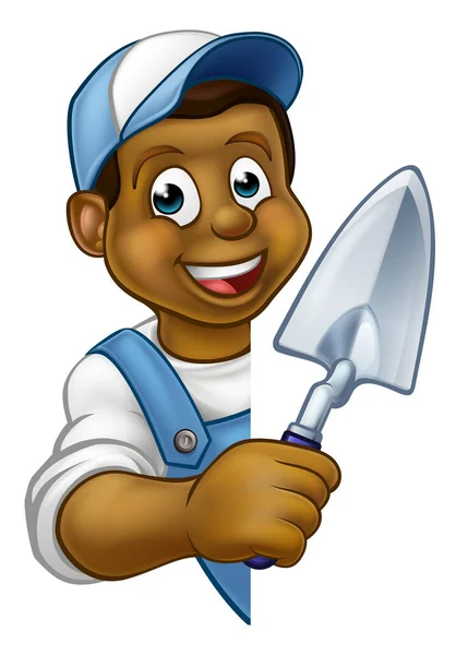 Cartoon Black Builder Bricklayer Construction Worker Holding Masons Brick Laying — ストックベクタ