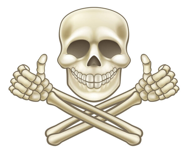 Карикатурный пиратский череп и скелет из перекрестных костей на Хэллоуин, показывающий большие пальцы на иллюстрации