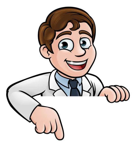 Cartoon Scientist Professor Wearing Lab White Coat Peeking Sign Pointing — Stock Vector