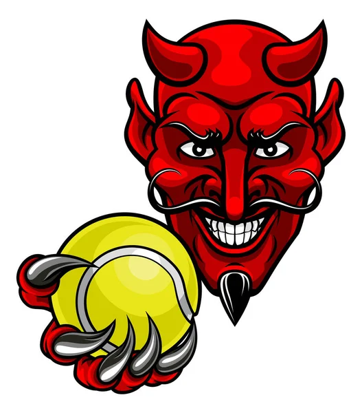 Devil Cartoon Character Sports Mascot Holding Tennis Ball — Archivo Imágenes Vectoriales