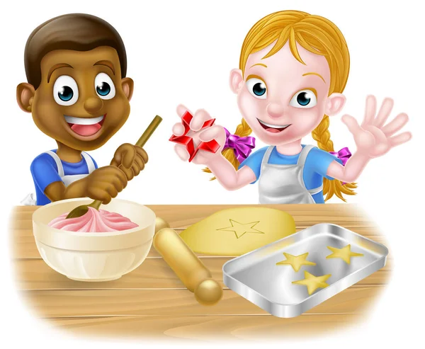 Dessin Animé Garçon Fille Enfants Noir Blanc Habillés Chefs Boulangers — Image vectorielle