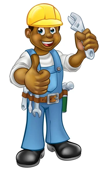 Handyman Plumber Mechanic Cartoon Character Holding Spanner Giving Thumbs — Stock Vector