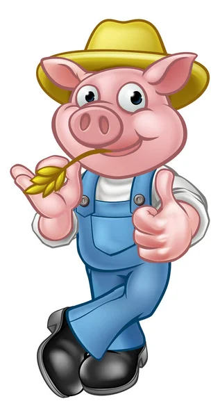 Personagem Desenho Animado Porco Com Chapéu Palha Dando Polegares Para — Vetor de Stock