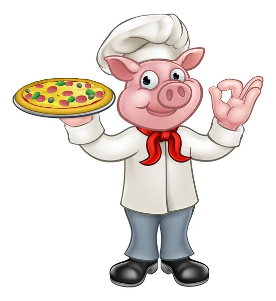 Cartoon Pig Chef Character Mascot Holding Pizza Doing Perfect Hand — Stock vektor