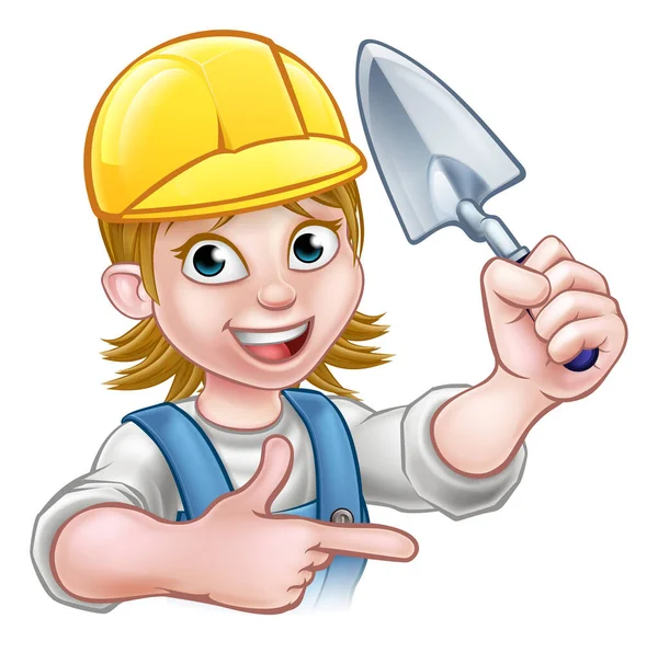 Cartoon Woman Builder Bricklayer Construction Worker Holding Masons Brick Laying — Image vectorielle