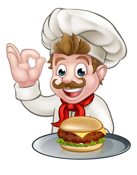 Chef Desenho Animado Segurando Hambúrguer Queijo Prato Fazendo Gesto Perfeito —  Vetores de Stock