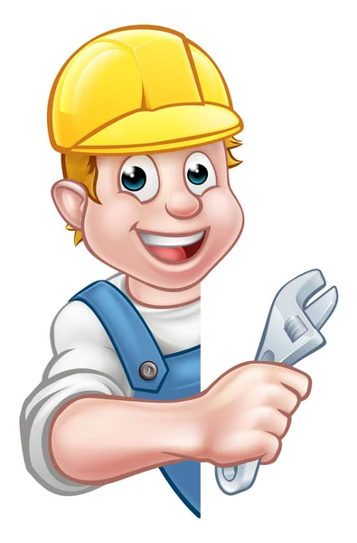 Builder Plumber Contractor Hard Hat Holding Spanner Hand Tool Peeking — Stock Vector