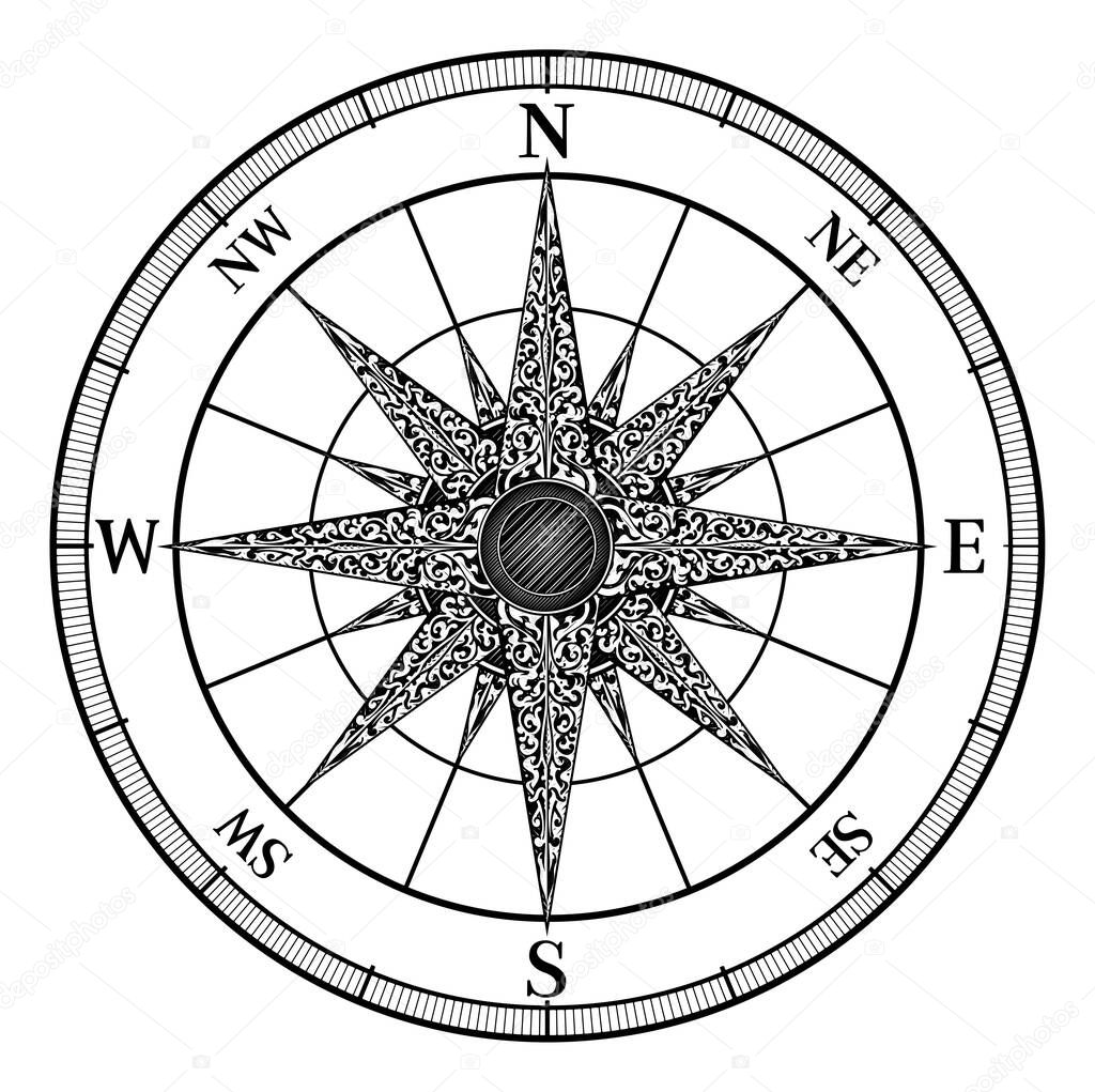 An original illustration of a map compass rose in a vintage retro woodcut style