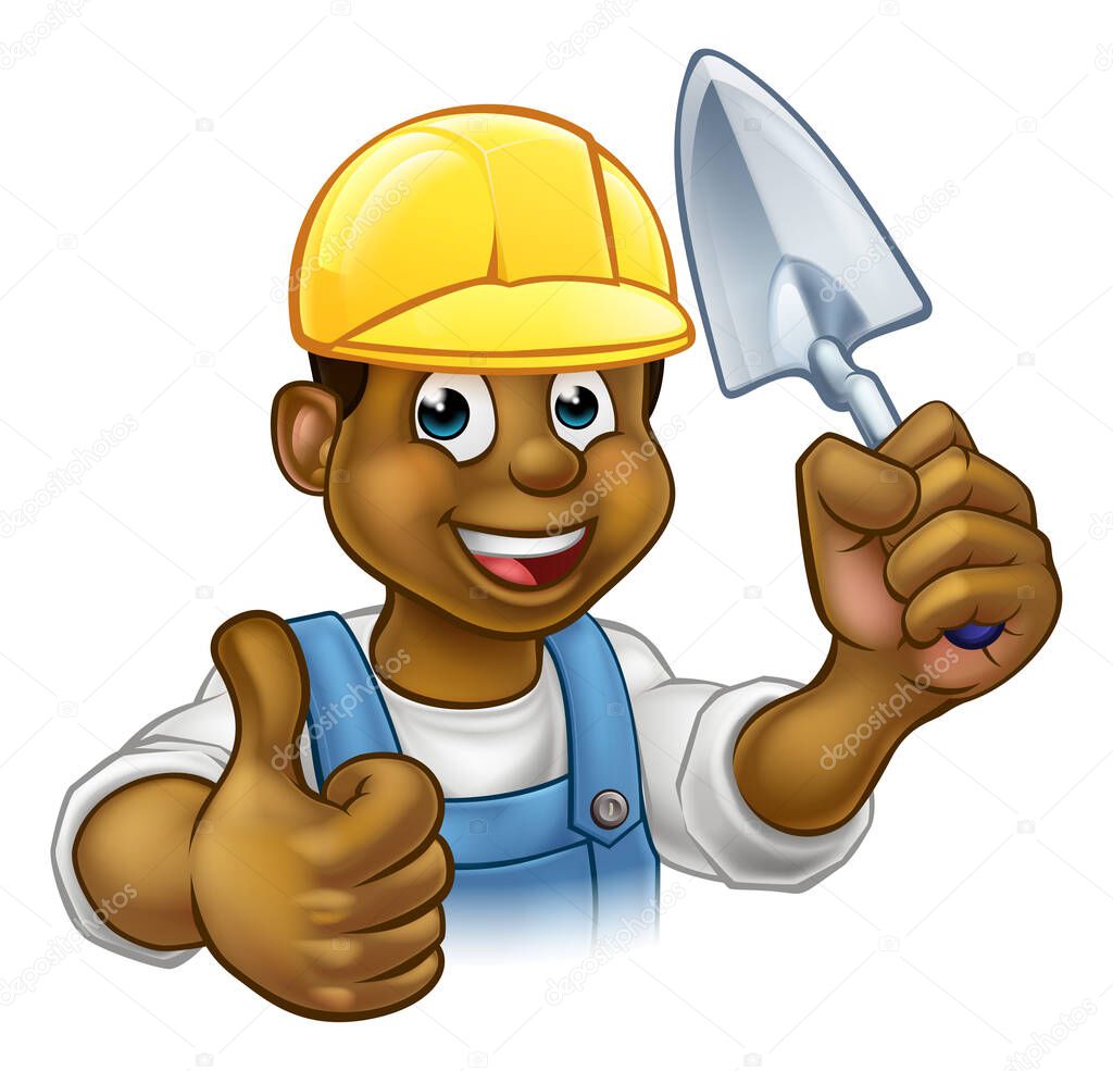 A cartoon black builder or bricklayer construction worker holding a masons brick laying trowel hand tool, wearing a hard hat and giving a thumbs up
