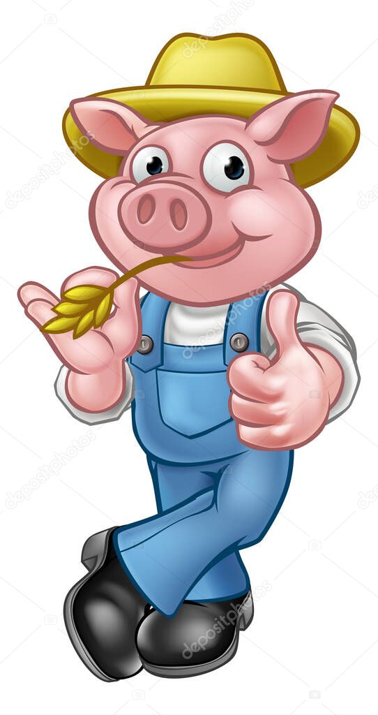 A pig cartoon character with straw hat giving thumbs up. Could be a farmer or the one of three little pigs who built his house of straw