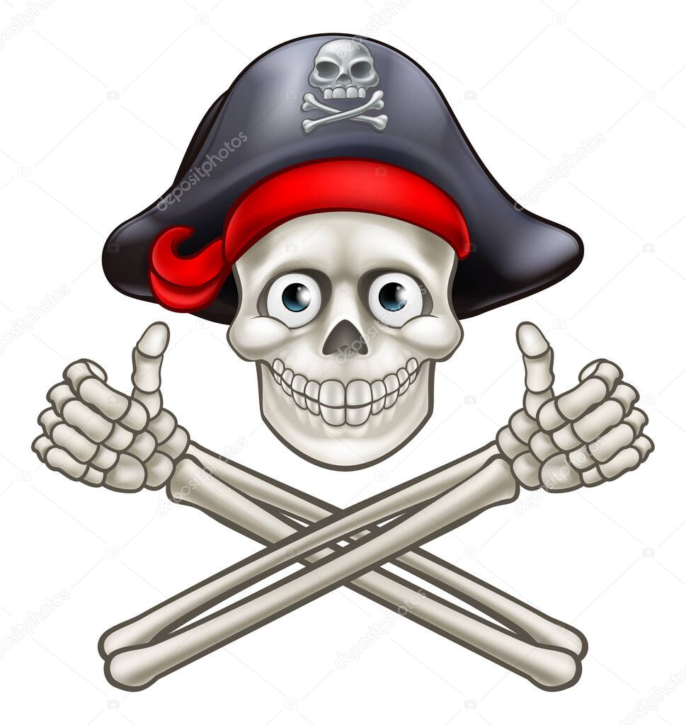 Jolly Roger pirate skull and crossbones giving a thumbs up