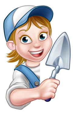 A cartoon woman builder or bricklayer construction worker holding a masons brick laying trowel hand tool leaning around sign