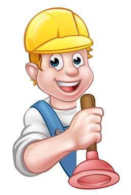 Bir muslukçu ya da müteahhit elinde tuvalet ya da lavabo pompası olan bir el aleti tutup tabelanın arkasından etrafı gözetliyor.