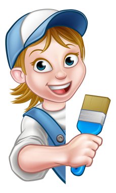 A painter decorator woman holding a paintbrush hand tool and peeking around from behind a sign