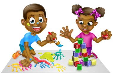Cartoon boy and girl playing with paints and toy building blocks