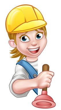 Kadın bir tesisatçı ya da müteahhit elinde tuvalet ya da lavabo pompası olan bir el aletini tutup tabelanın arkasından etrafı gözetliyor.