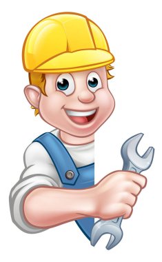 Bir muslukçu ya da müteahhit, elinde somun anahtarıyla tabelanın arkasından etrafı gözetliyor.