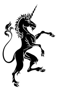 A unicorn rampant standing on hind legs from a coat of arms or heraldic crest