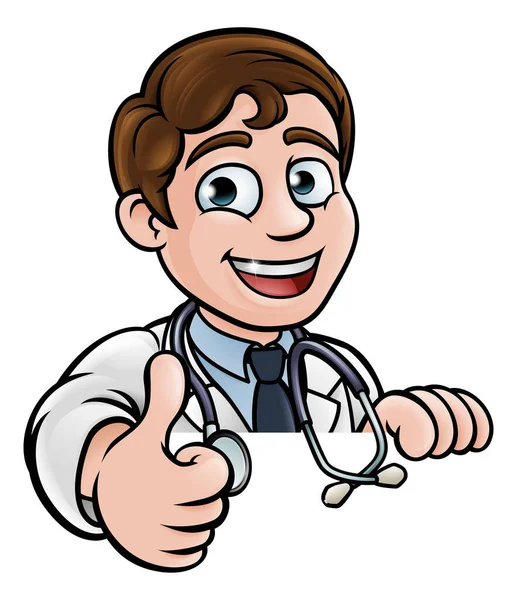 Cartoon Doctor Wearing Lab White Coat Stethoscope Peeking Sign Giving — Vector de stock