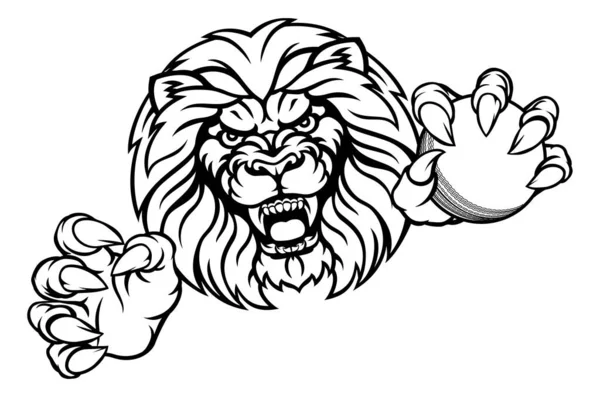 Lion Angry Animal Sports Mascot Holding Cricket Ball — Stockvector