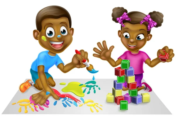 Cartoon Boy Girl Playing Paints Toy Building Blocks — Stockvektor