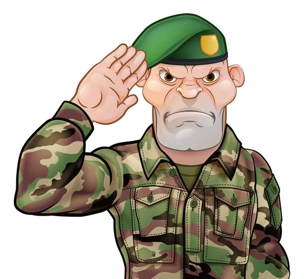 Tough Looking Saluting Soldier Cartoon Character Wearing Green Beret — Διανυσματικό Αρχείο