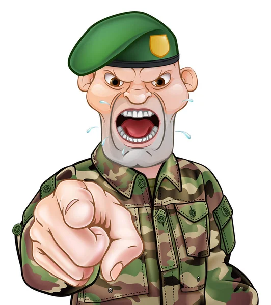 Tough Looking Pointing Soldier Cartoon Character Wearing Green Beret - Stok Vektor