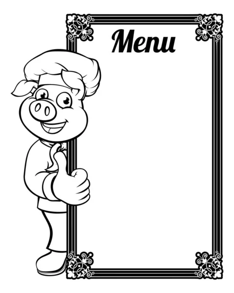 Chef Pig Cartoon Mascot Character Menu Sign Giving Thumbs — Vetor de Stock