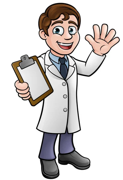 Cartoon Scientist Professor Wearing Lab White Coat Waving Holding Clipboard — Stock Vector