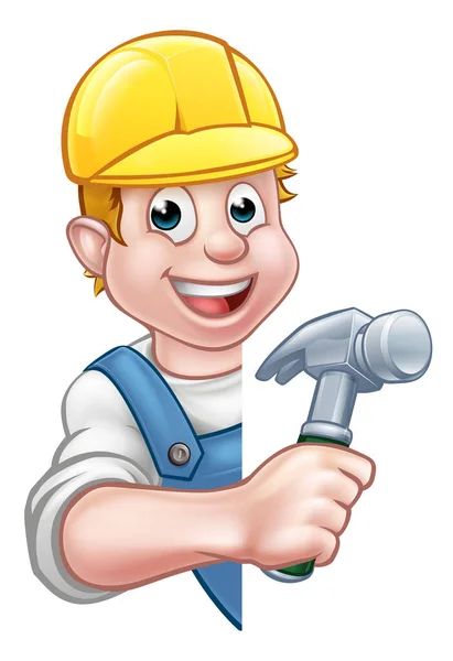 Builder Carpenter Contractor Cartoon Character Holding Hammer Hand Tool Peeking — Vetor de Stock