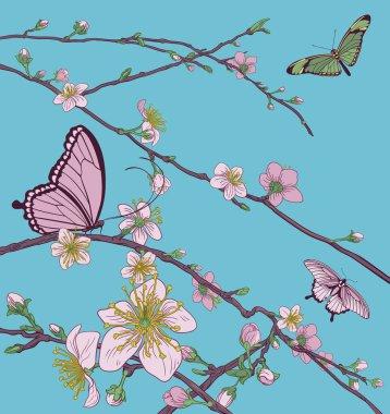 Cherry or peach blossom tree flowers with butterflies. Abstract background pattern Japanese or Chinese style spring floral fashion design.