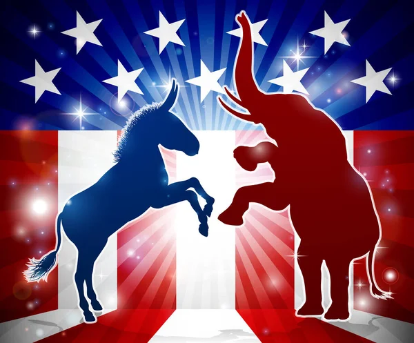 Elephant Donkey Silhouette American Flag Background Democrat Republican Political Mascot — Stok Vektör