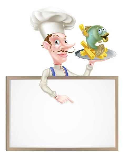 Illustration Cartoon Chef Holding Fish Chips Sign — Stock Vector