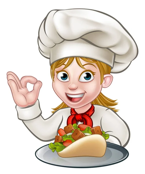 Chef Woman Cartoon Character Holding Kebab — Vetor de Stock
