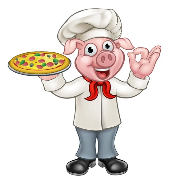 Chef Pig Cartoon Character Mascot Holding Pizza Doing Perfect Hand — Stock Vector