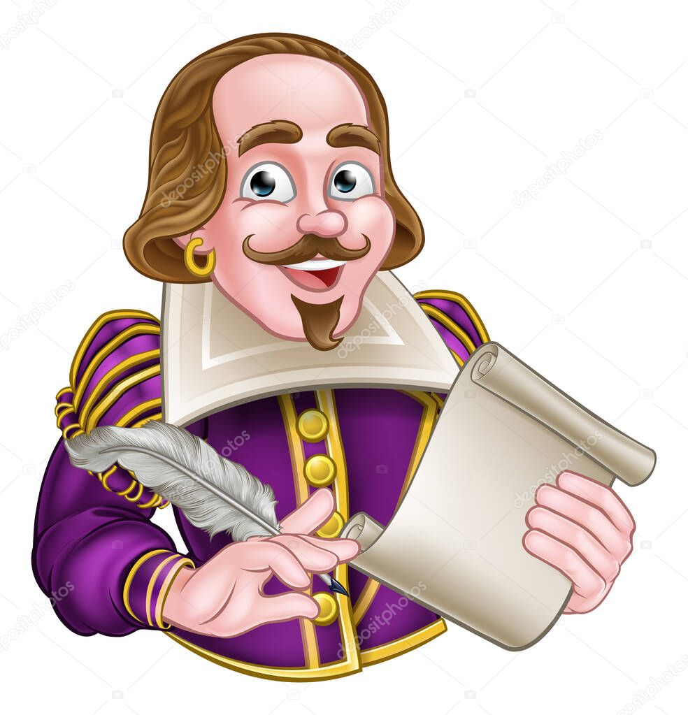 William Shakespeare cartoon character holding a feather quill and scroll