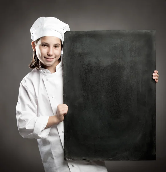 Chef holding chalkboard — Stock Photo, Image