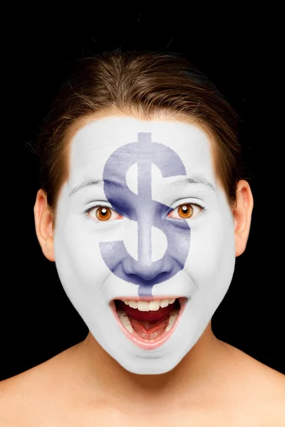 Ragazza con simbolo del dollaro dipinta sul viso — Foto Stock