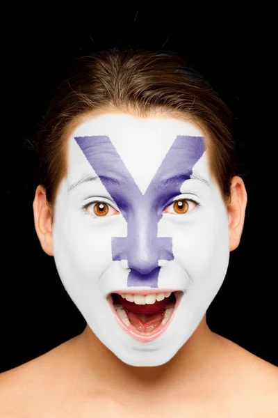 Ragazza con simbolo yen dipinto sul suo viso — Foto Stock