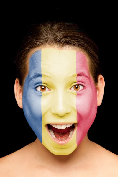 Girl with romanian flag painted on her face — Stock Photo, Image